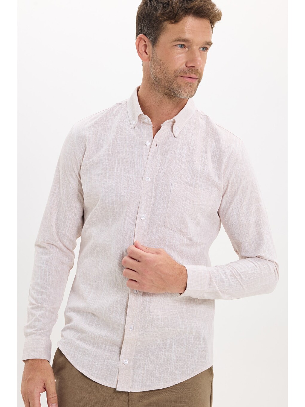 Erkek Slim Fit Dar Kesim Uzun Kollu %100 Pamuk Keten Efektli Düğmeli Yaka Rahat Bej Gömlek-2