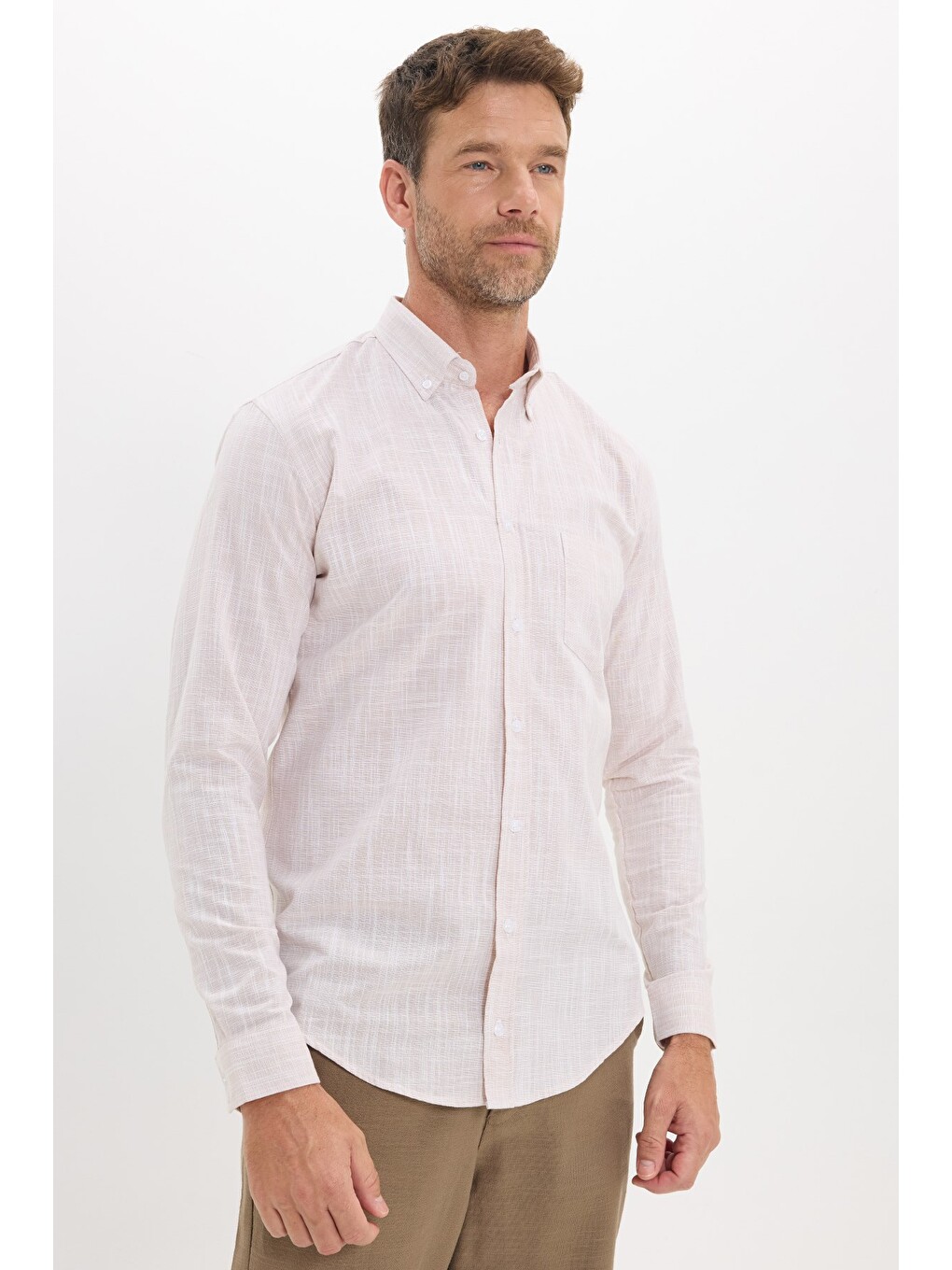 Erkek Slim Fit Dar Kesim Uzun Kollu %100 Pamuk Keten Efektli Düğmeli Yaka Rahat Bej Gömlek-3