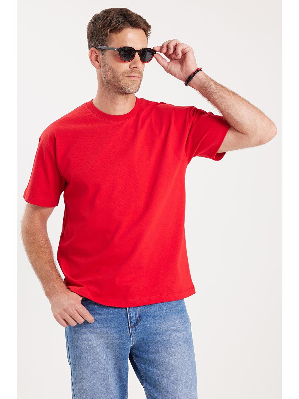 Erkek Boxy Fit Bol Kesim %100 Pamuk Bisiklet Yaka Kırmızı Tişört-3