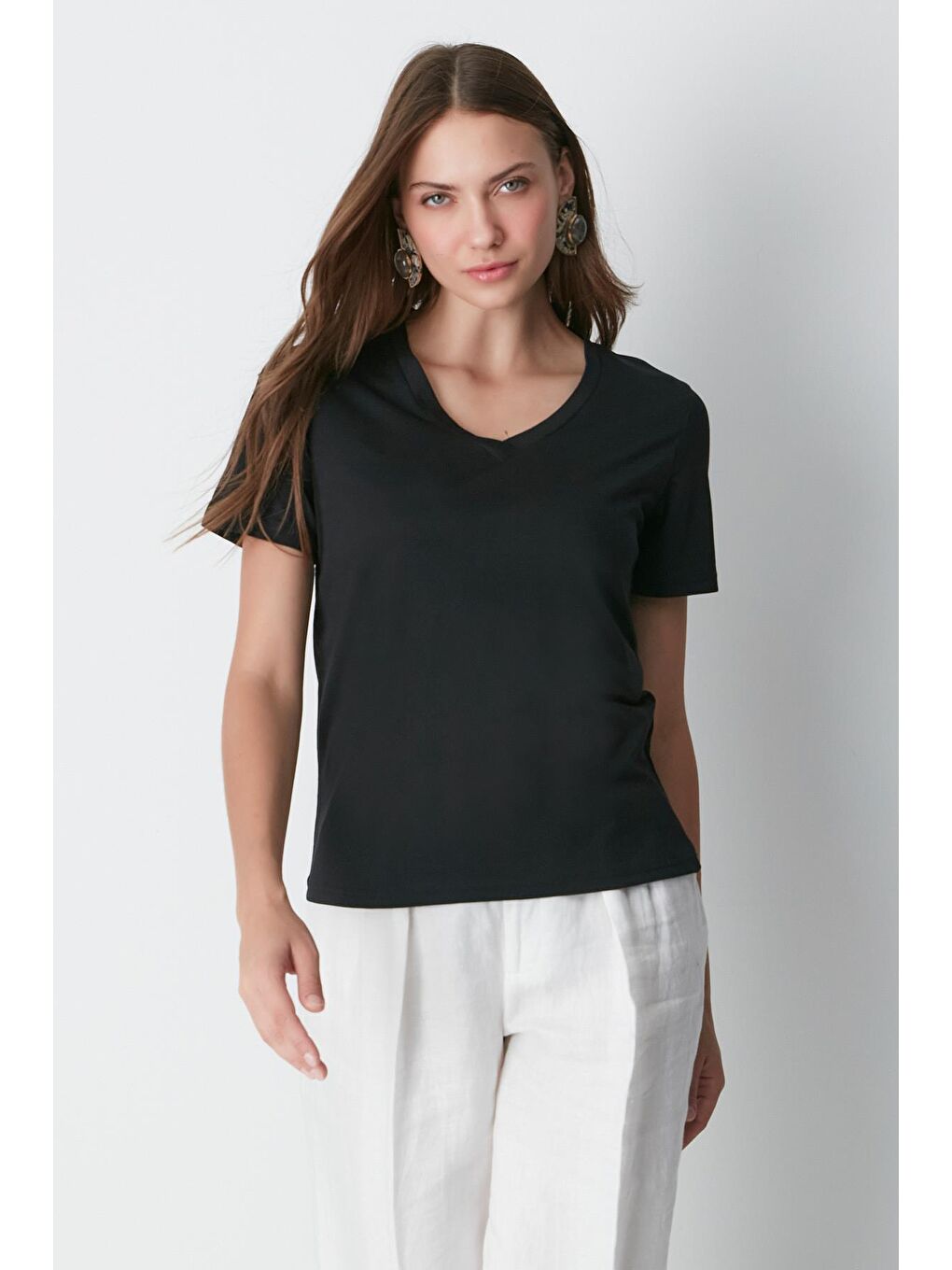 V Yaka Kısa Kol 2'li Basic T-Shirt 962 Siyah-4