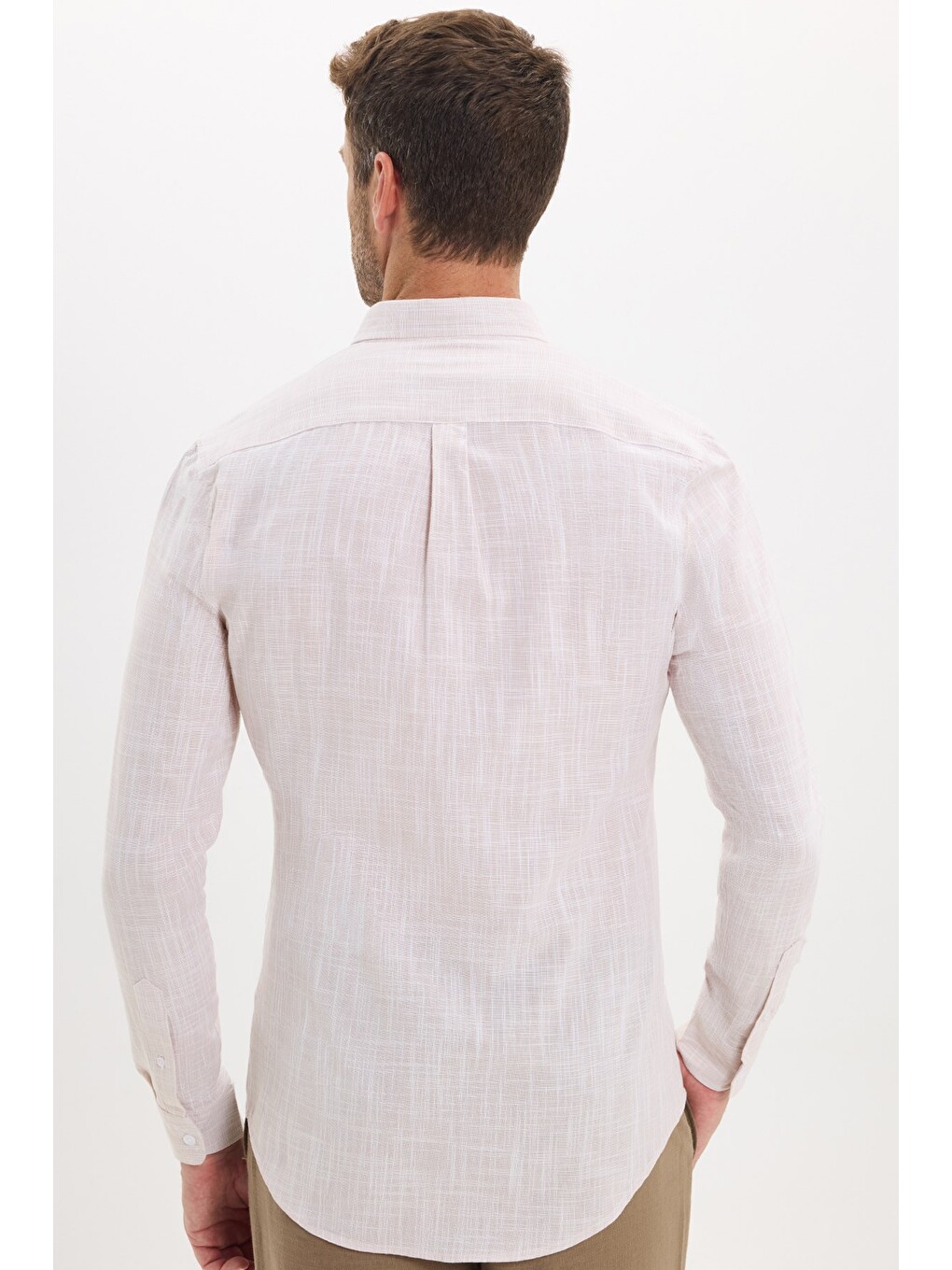 Erkek Slim Fit Dar Kesim Uzun Kollu %100 Pamuk Keten Efektli Düğmeli Yaka Rahat Bej Gömlek-7