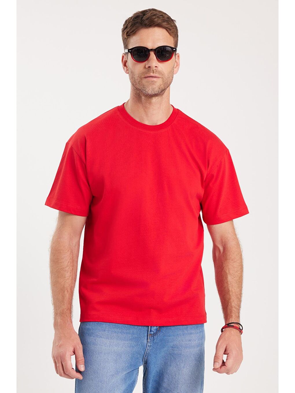 Erkek Boxy Fit Bol Kesim %100 Pamuk Bisiklet Yaka Kırmızı Tişört-4