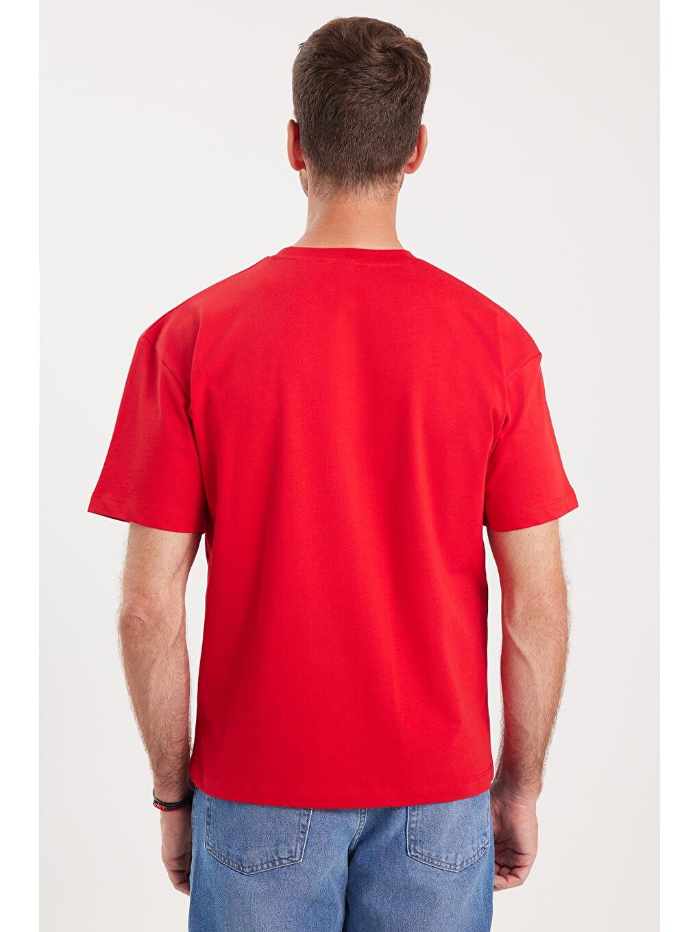 Erkek Boxy Fit Bol Kesim %100 Pamuk Bisiklet Yaka Kırmızı Tişört-6