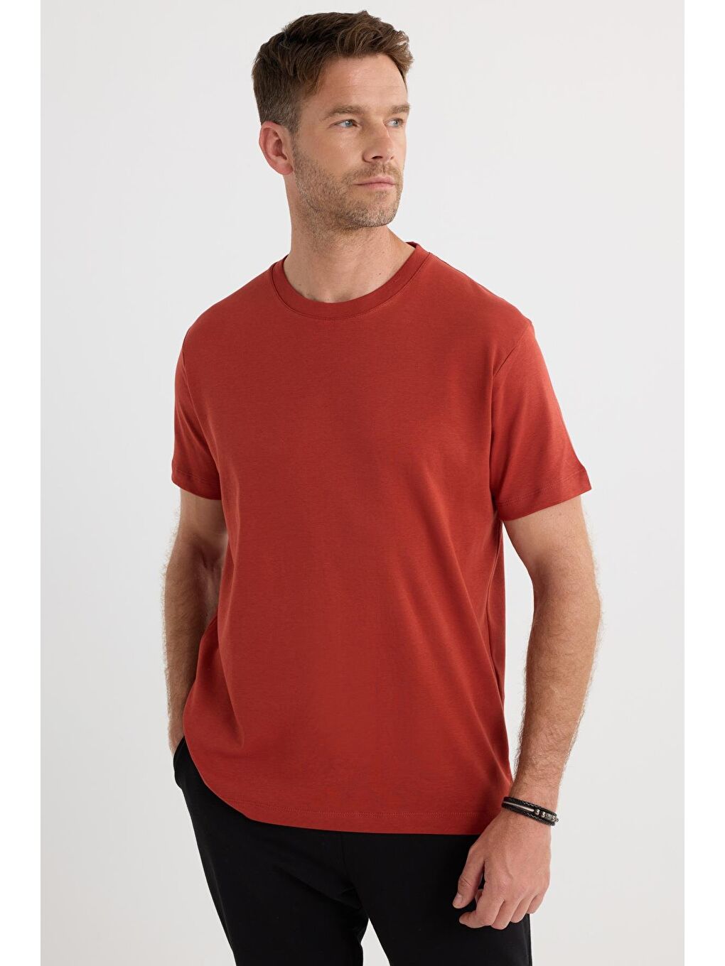 Kahverengi Unisex Relax Fit Rahat Kesim %100 Pamuk Yumuşak Dokulu Hafif Kalın Kiremit Bisiklet Yaka Tişört-3