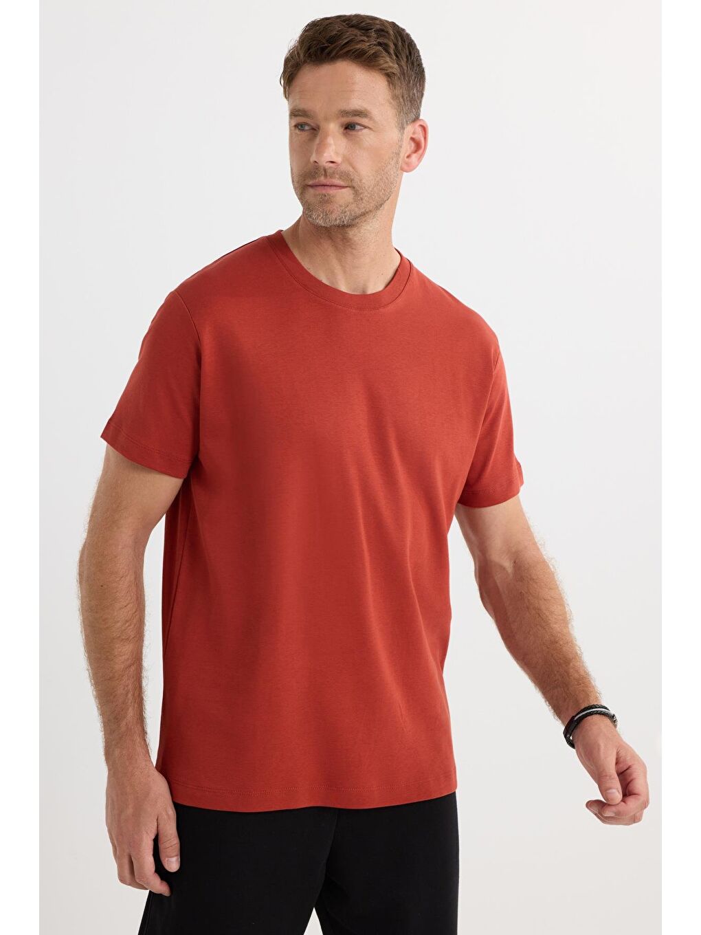 Kahverengi Unisex Relax Fit Rahat Kesim %100 Pamuk Yumuşak Dokulu Hafif Kalın Kiremit Bisiklet Yaka Tişört-4