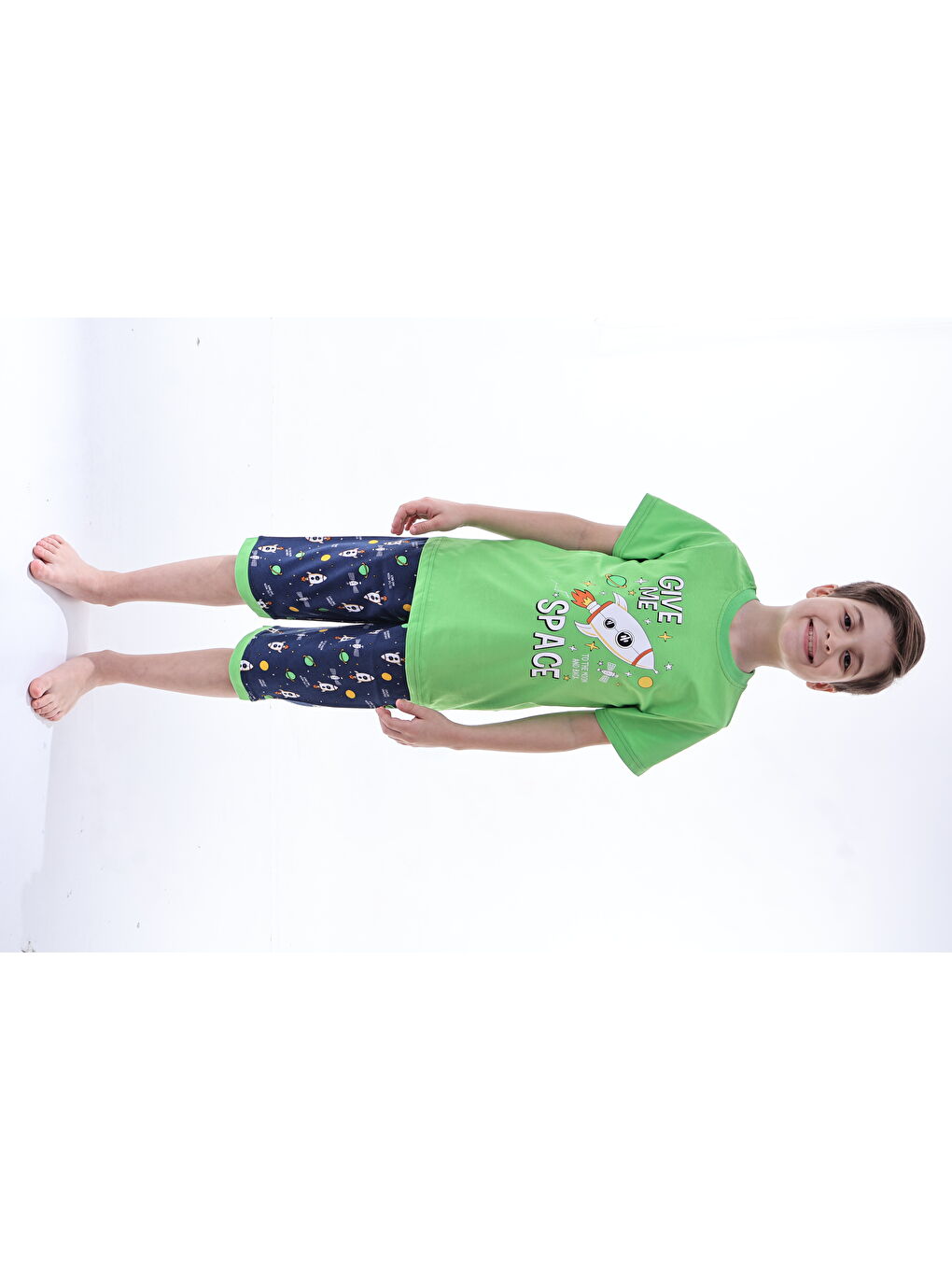 Yeşil Erkek Çocuk %100 Doğal Pamuk Kısa Kollu  Kaprili Pijama Takımı-2