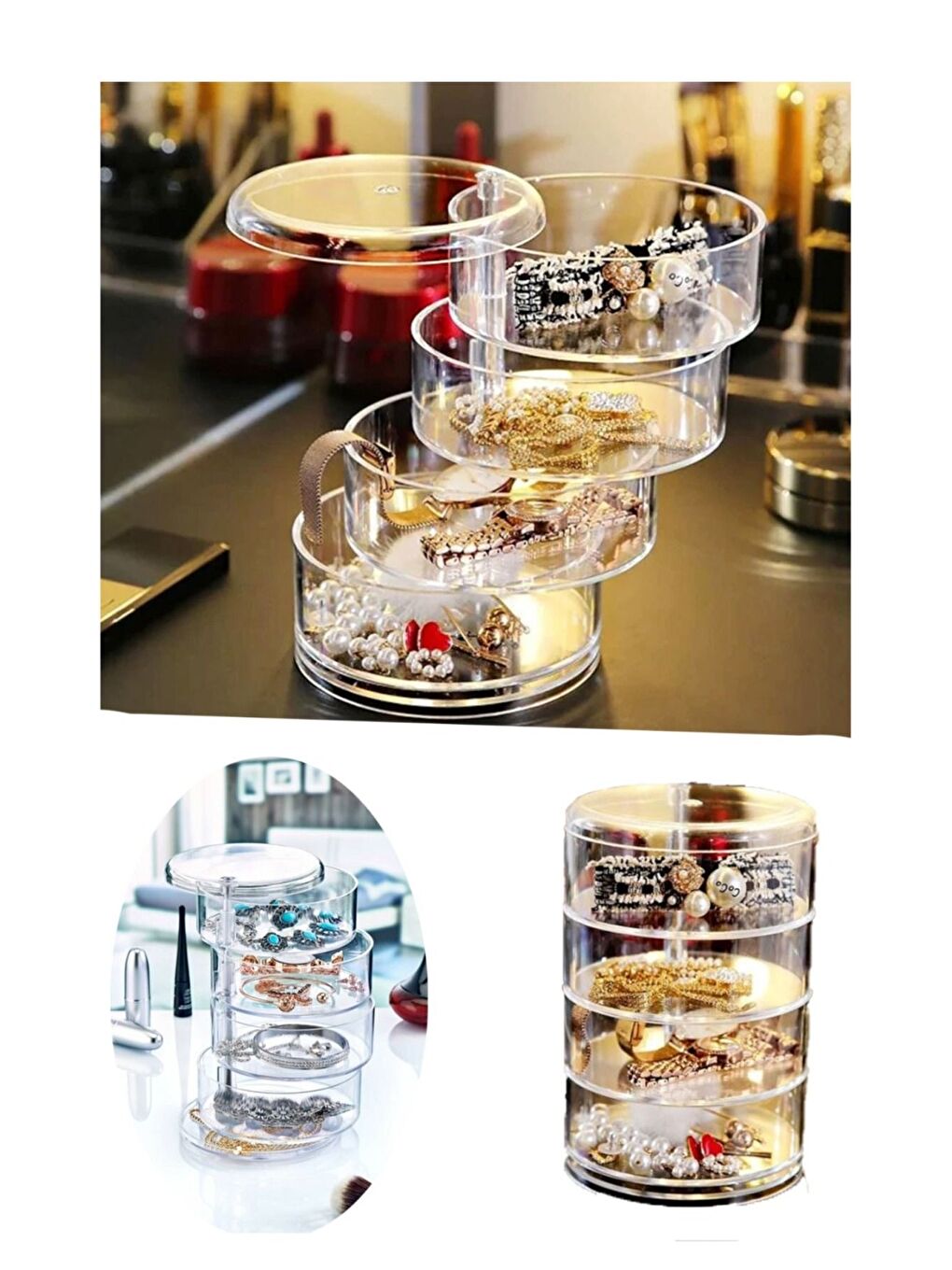 4 Katlı Dönebilen Silindir Takı Ve Makyaj Organizer