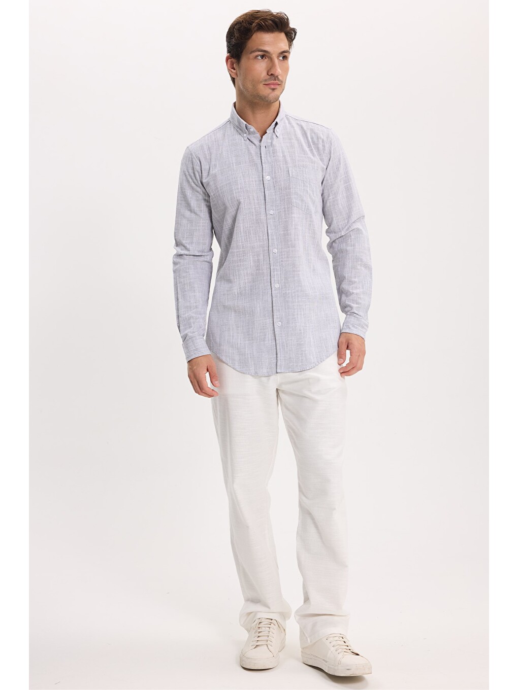 Erkek Slim Fit Dar Kesim Uzun Kollu %100 Pamuk Keten Efektli Düğmeli Yaka Rahat Gri Gömlek-1