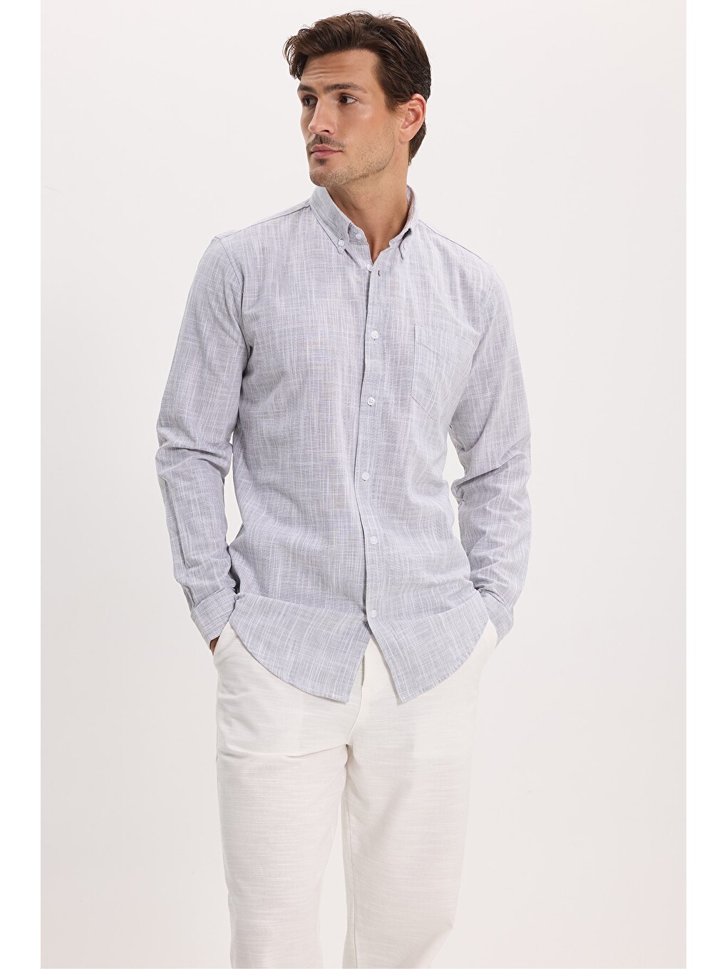 Erkek Slim Fit Dar Kesim Uzun Kollu %100 Pamuk Keten Efektli Düğmeli Yaka Rahat Gri Gömlek-2