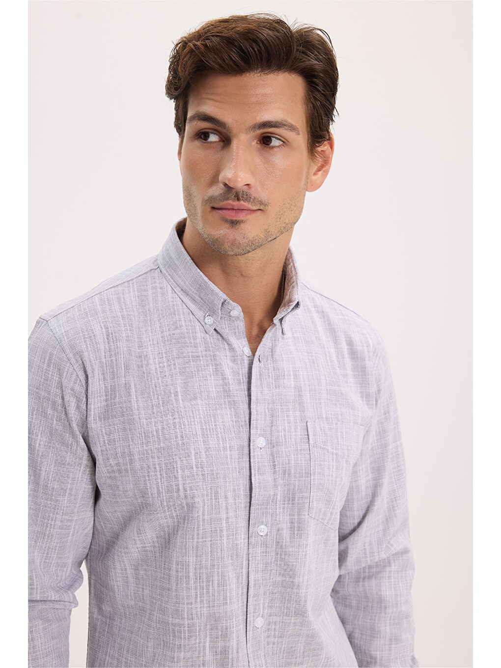 Erkek Slim Fit Dar Kesim Uzun Kollu %100 Pamuk Keten Efektli Düğmeli Yaka Rahat Gri Gömlek-3