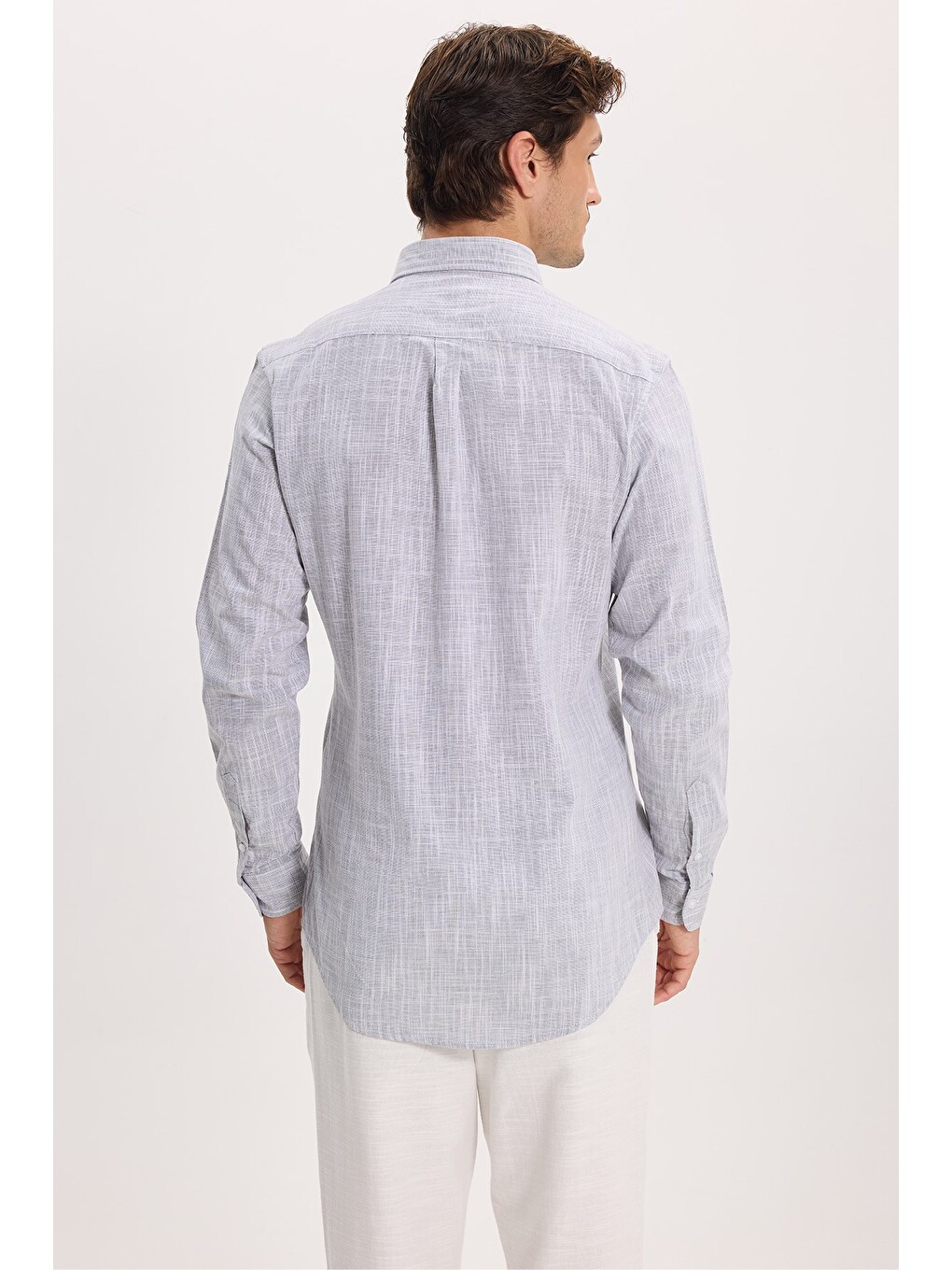 Erkek Slim Fit Dar Kesim Uzun Kollu %100 Pamuk Keten Efektli Düğmeli Yaka Rahat Gri Gömlek-6