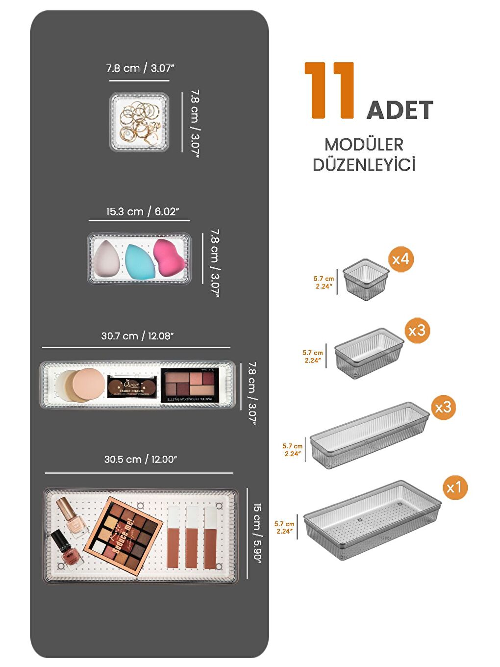 11li Çekmece İçi Organizer Kozmetik Takı Makyaj Organizeri Dolap İçi Düzenleyici Antrasit-1