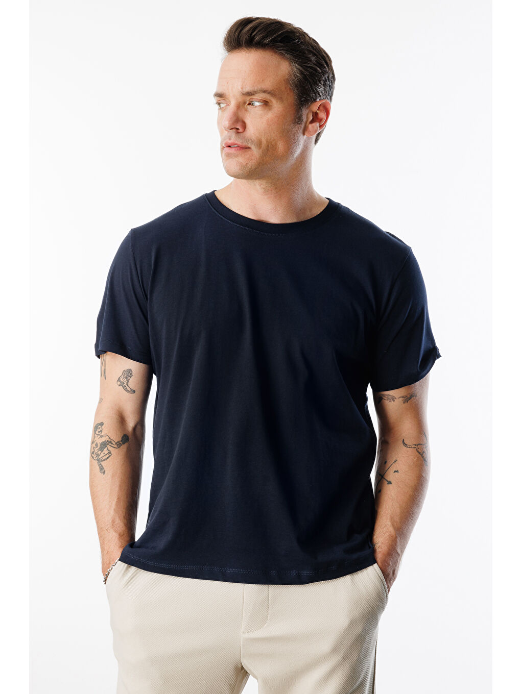 Lacivert Erkek T-shirt %100 Pamuk Regular Fit Standart Kesim Bisiklet Yaka Basic Tişört BASIC-T-SHIRT1-2