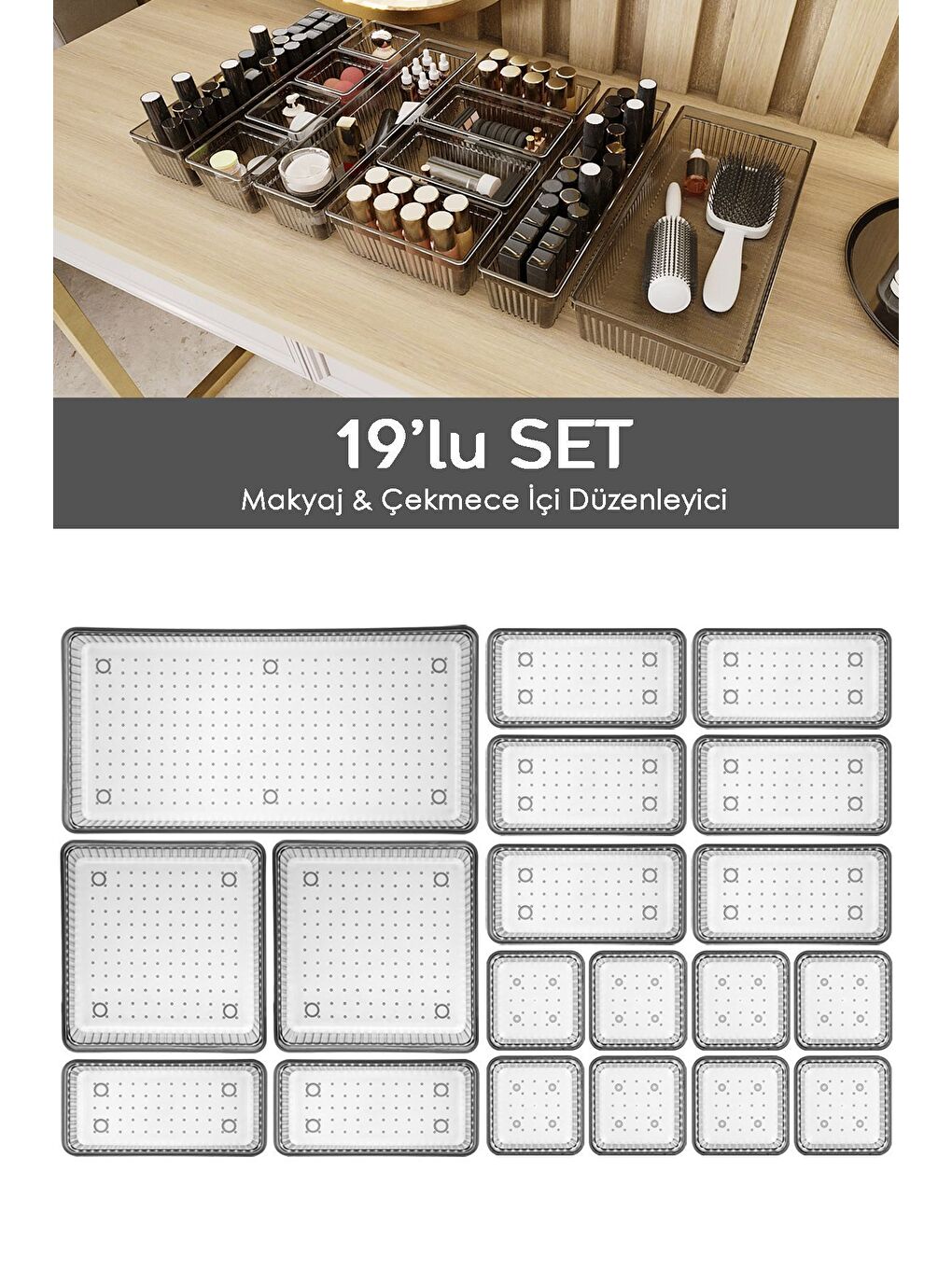 19lu Çekmece İçi Organizer Kozmetik Takı Makyaj Organizeri Dolap İçi Düzenleyici Antrasit