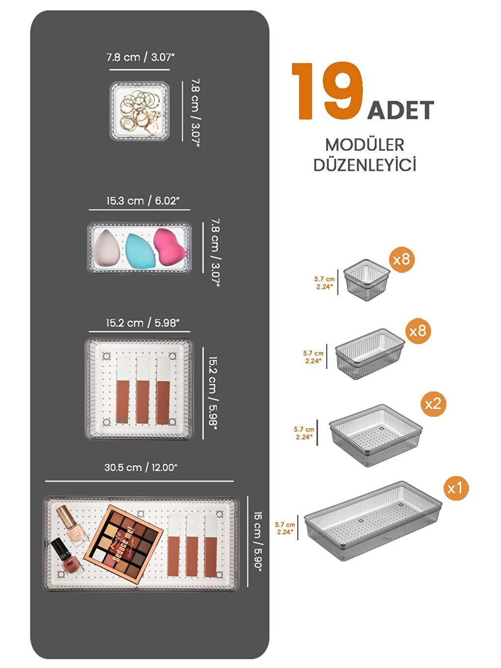 19lu Çekmece İçi Organizer Kozmetik Takı Makyaj Organizeri Dolap İçi Düzenleyici Antrasit-1