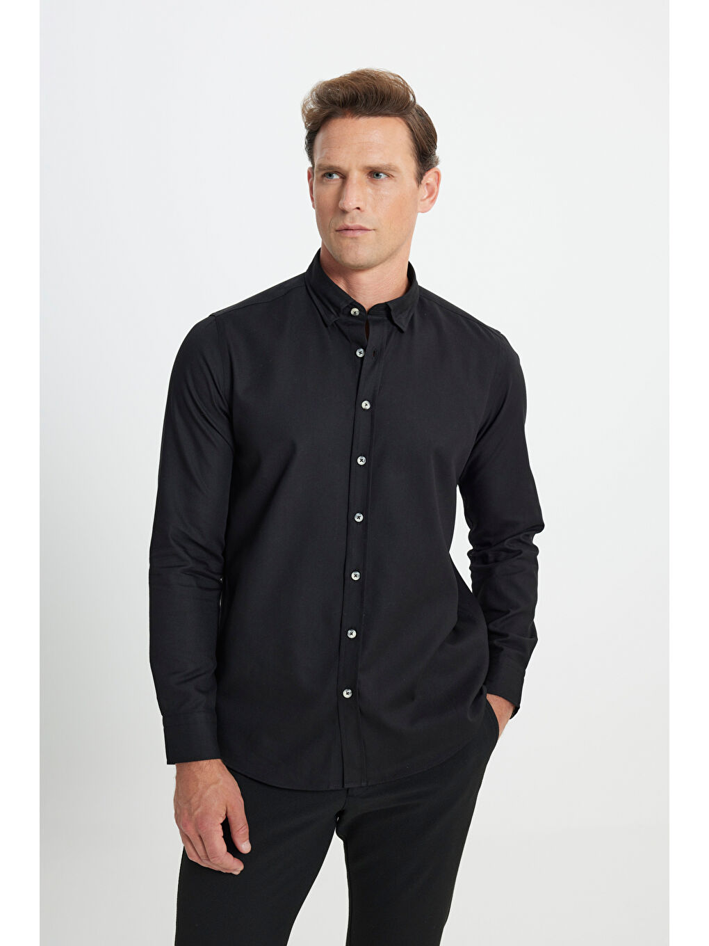 Erkek Siyah Slim Fit Dar Kesim Düğmeli Yaka Flanel Oduncu Kışlık Gömlek