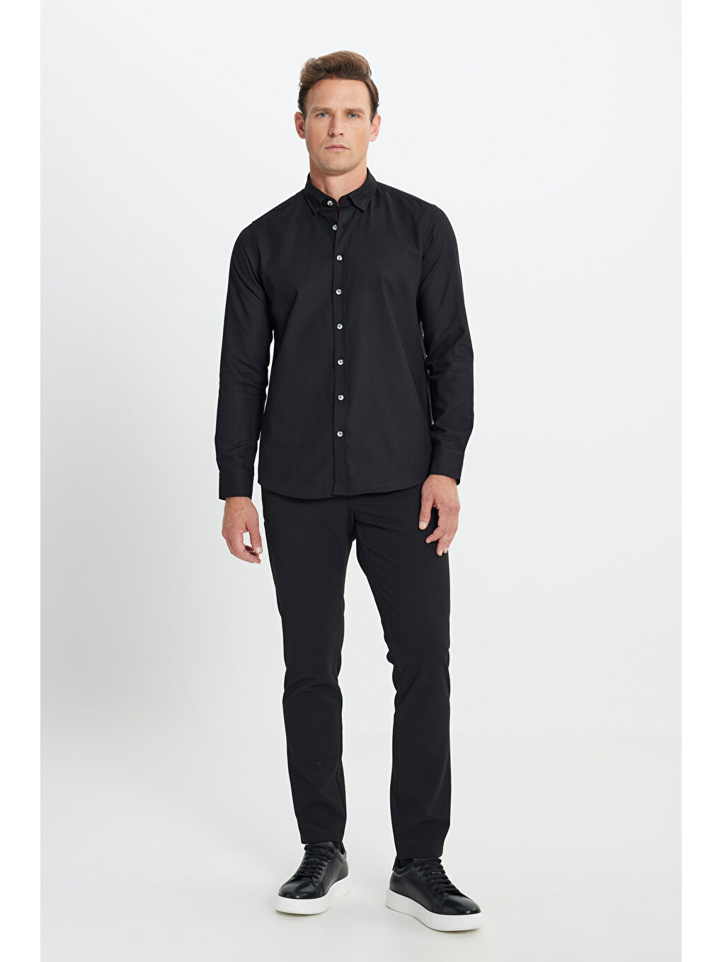 Erkek Siyah Slim Fit Dar Kesim Düğmeli Yaka Flanel Oduncu Kışlık Gömlek-1