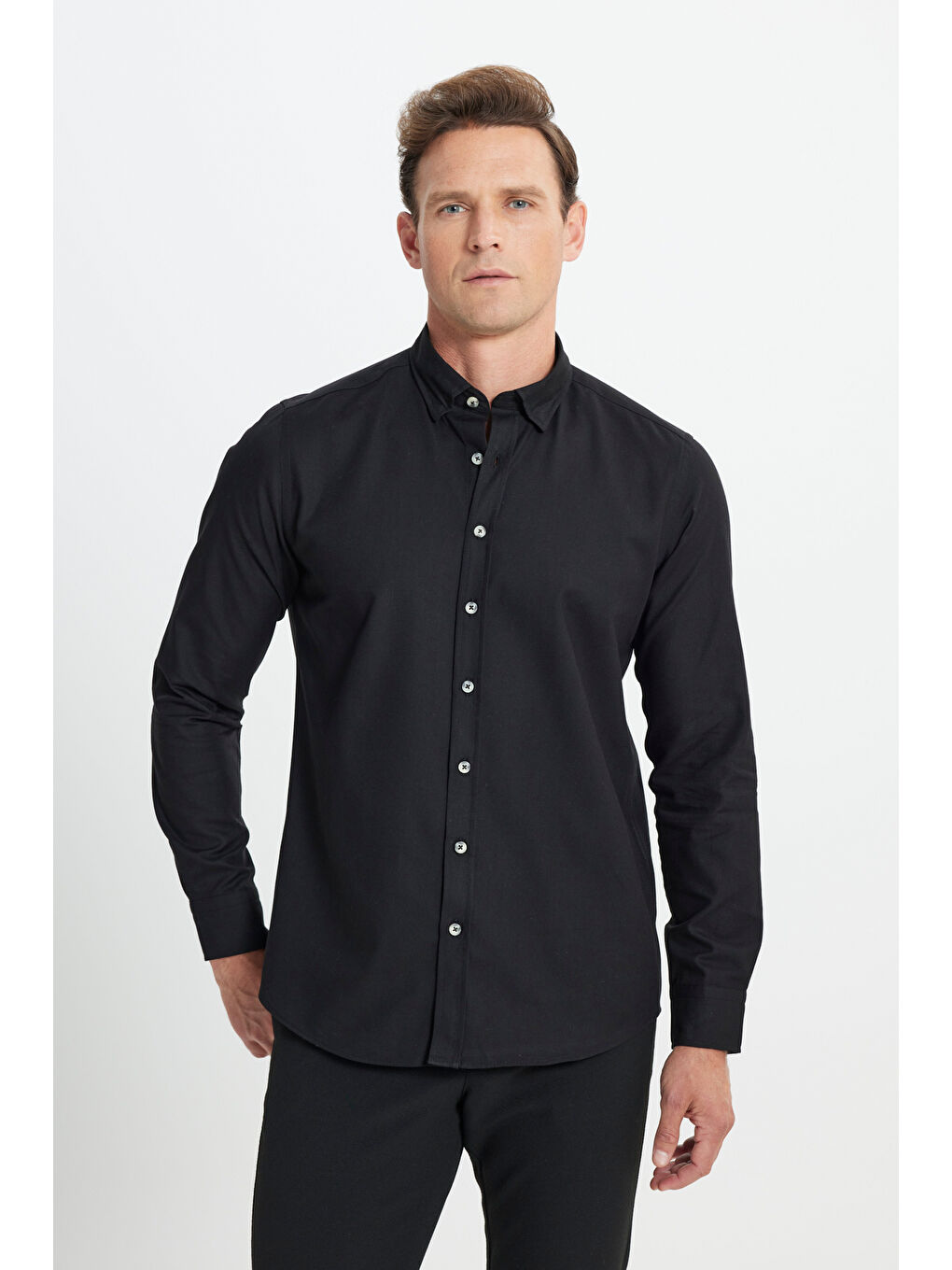 Erkek Siyah Slim Fit Dar Kesim Düğmeli Yaka Flanel Oduncu Kışlık Gömlek-2