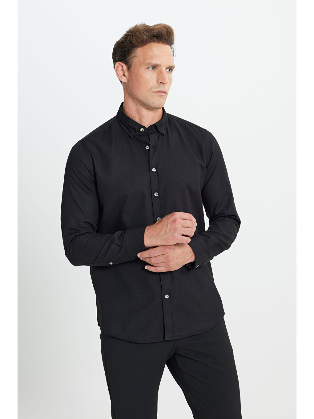 Erkek Siyah Slim Fit Dar Kesim Düğmeli Yaka Flanel Oduncu Kışlık Gömlek-3