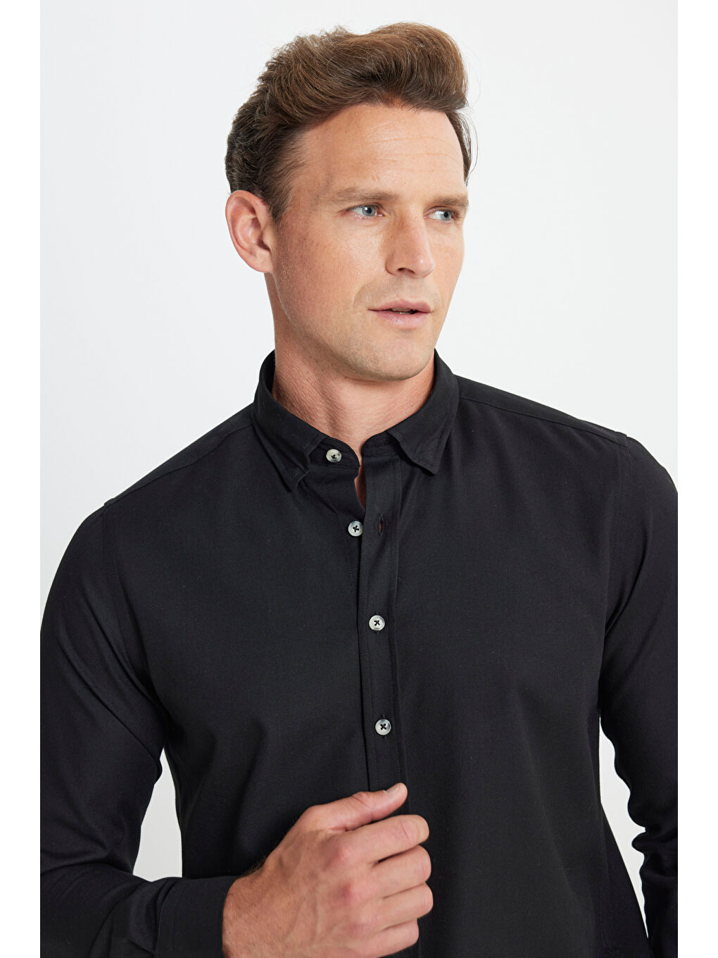 Erkek Siyah Slim Fit Dar Kesim Düğmeli Yaka Flanel Oduncu Kışlık Gömlek-4