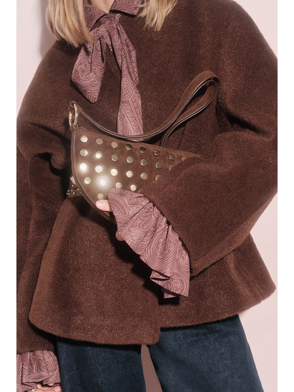 Kahverengi Zımbalı Suni Süet Çanta Acı Kahve-2