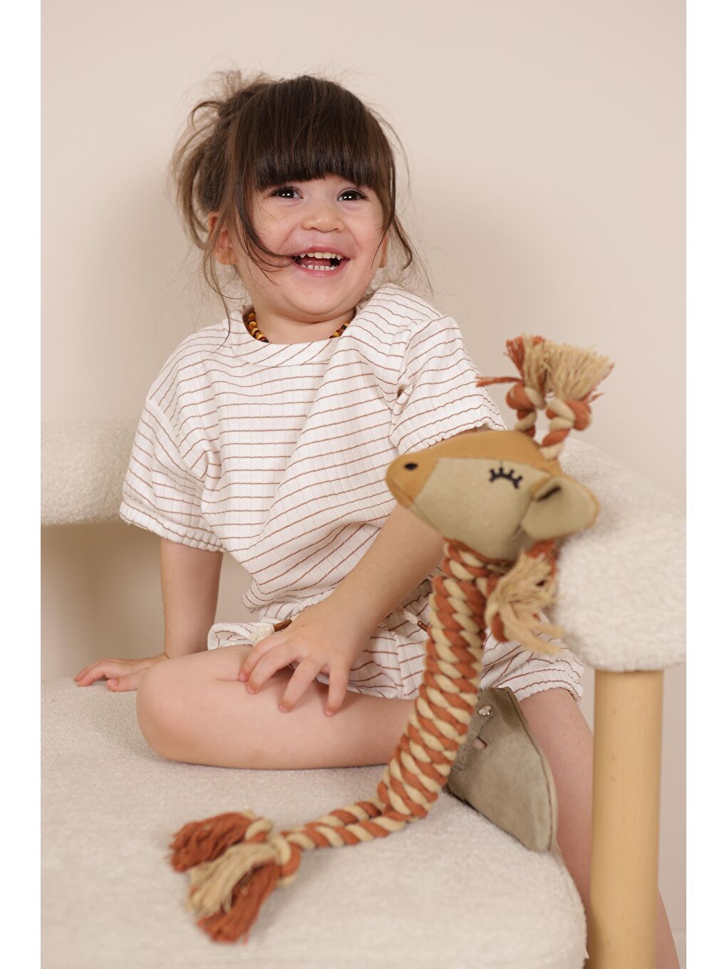 Ekru Kahverengi Çizgili Lastikli T Shirt Şort Takım-1