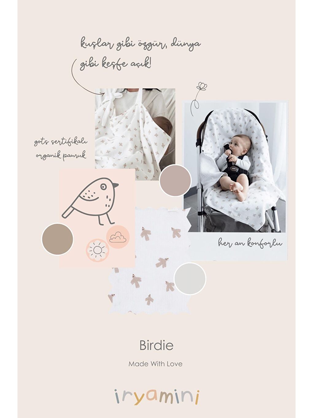 Beyaz Irya Birdie Organik Pamuk Müslin 2 Katlı Puset Örtüsü-1