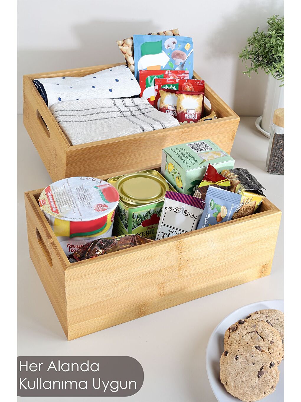 2'li Çok Amaçlı Bambu Organizer Kutu Tezgah Üstü Banyo Mutfak Düzenleyici Dekoratif Saklama Kutusu-1