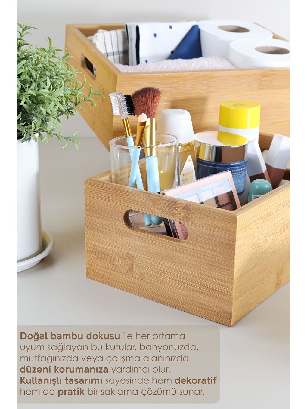 2'li Çok Amaçlı Bambu Organizer Kutu Tezgah Üstü Banyo Mutfak Düzenleyici Dekoratif Saklama Kutusu-2