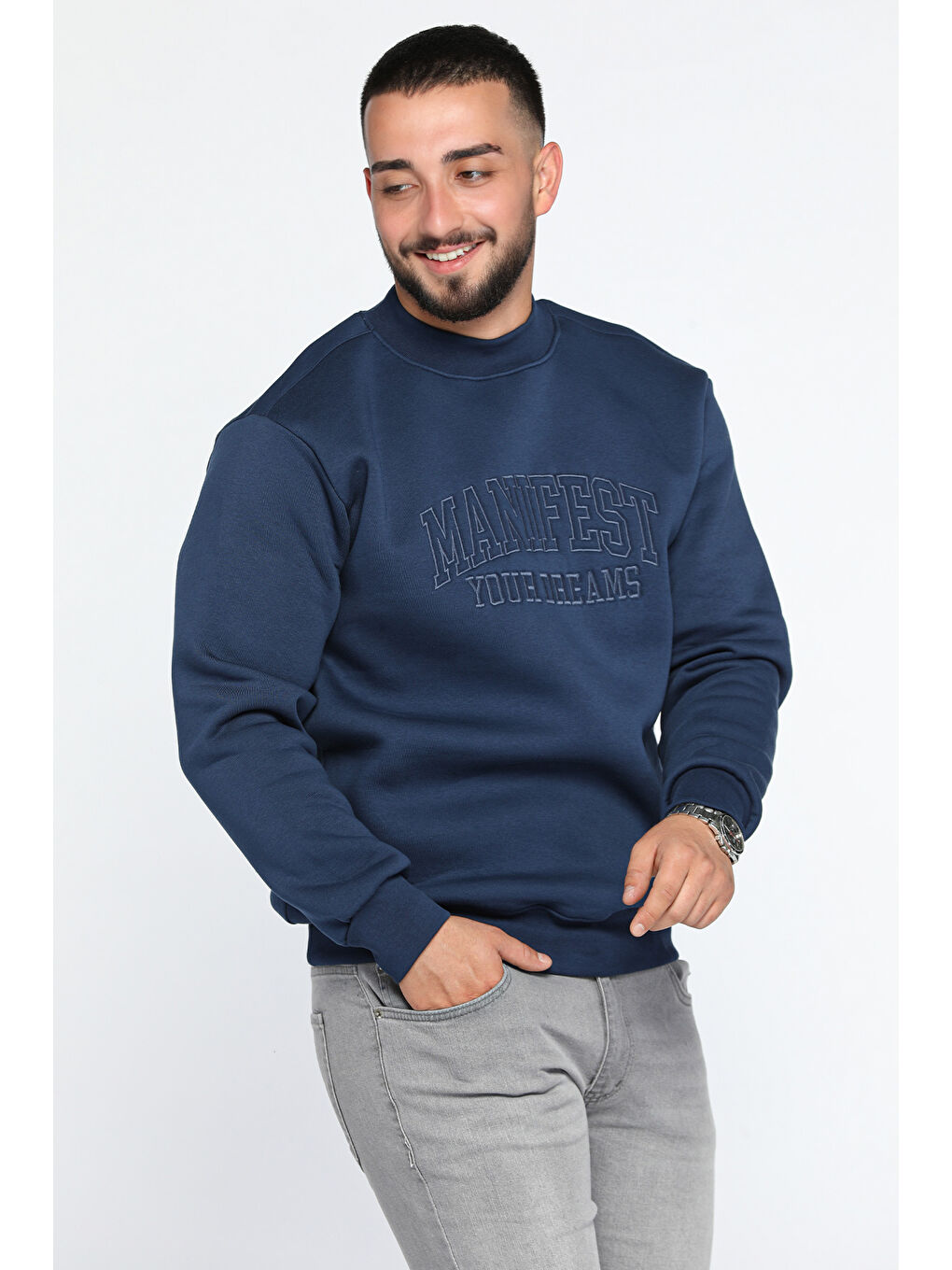 Mishar İtalia Lacivert Bisiklet Yaka Nakışlı Üç İplik Şardonlu Erkek Sweatshirt - 1