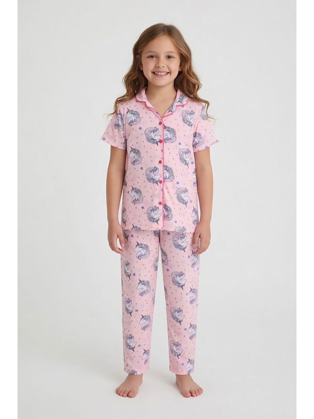 Pembe Desenli Kız Çocuk Göz Bantlı Pijama Takımı 24011