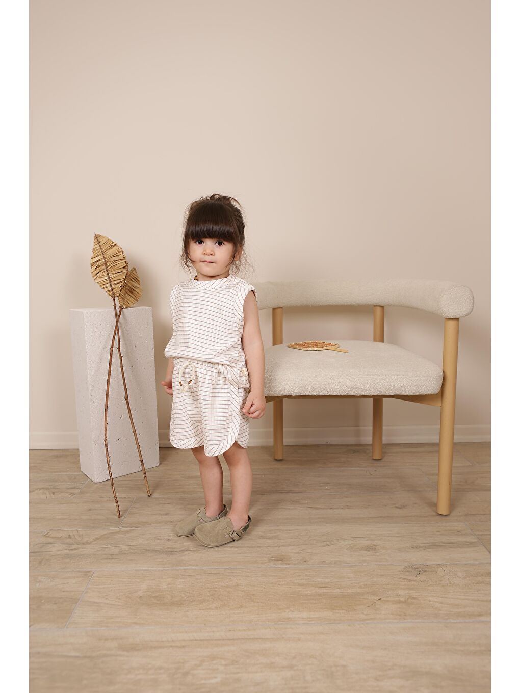 Ekru Kahverengi Çizgili Atlet Şort Takım-1