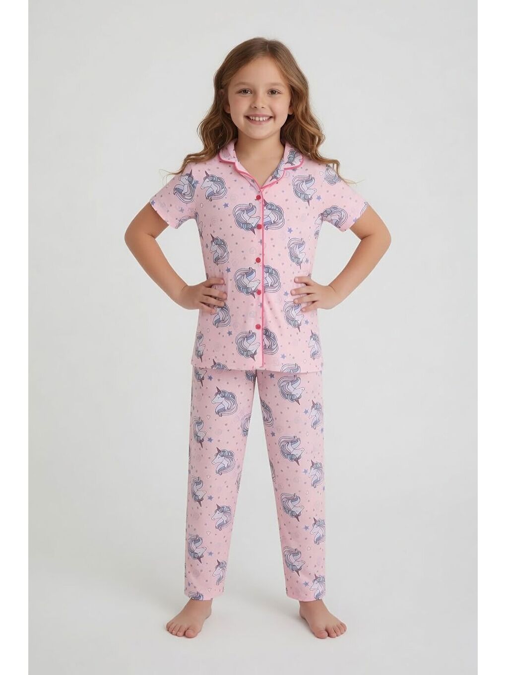 Pembe Desenli Kız Çocuk Göz Bantlı Pijama Takımı 24011-1