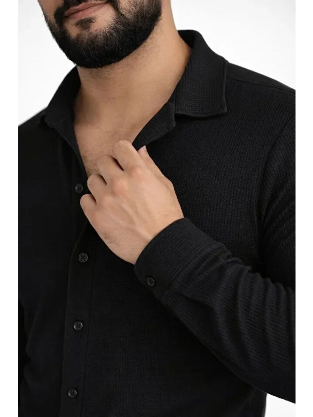 Siyah Erkek Waffle Kumaş Uzun Kollu Düğmeli Açık Yaka Regular Fit Gömlek-1
