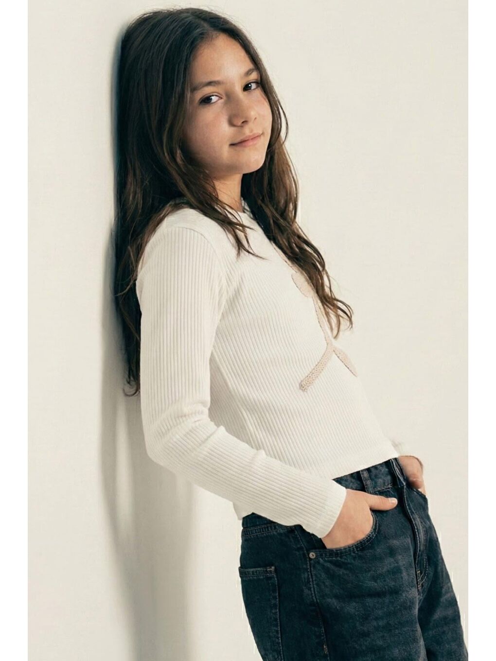 Kız Çocuk Uzun Kollu Tişört Örgü Çiçek Aplikeli Ekru (6-12 Yaş)-1