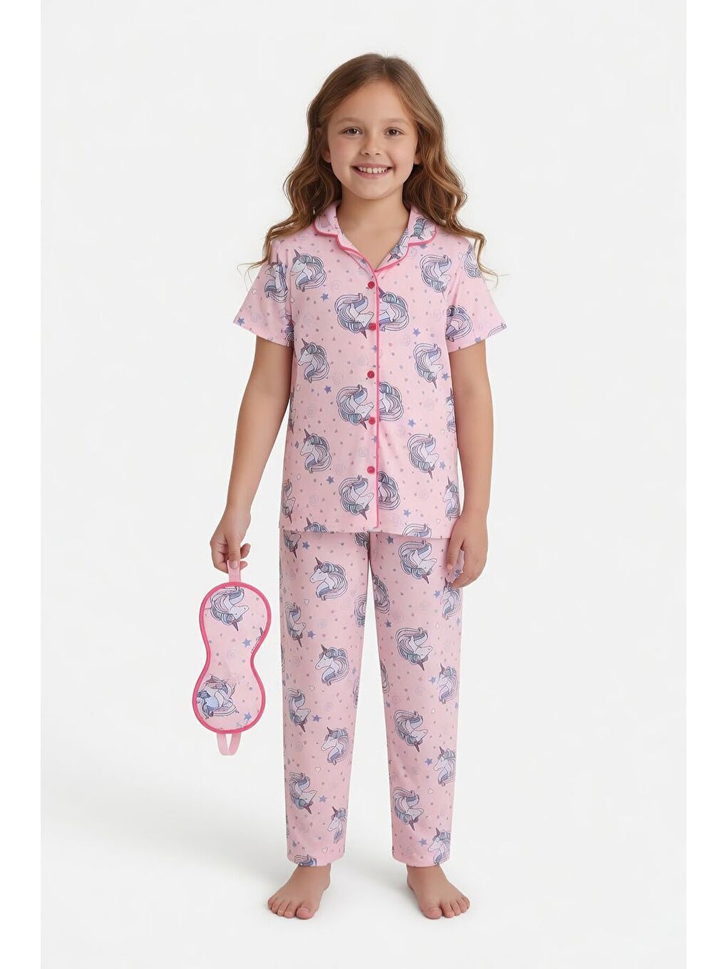 Pembe Desenli Kız Çocuk Göz Bantlı Pijama Takımı 24011-2