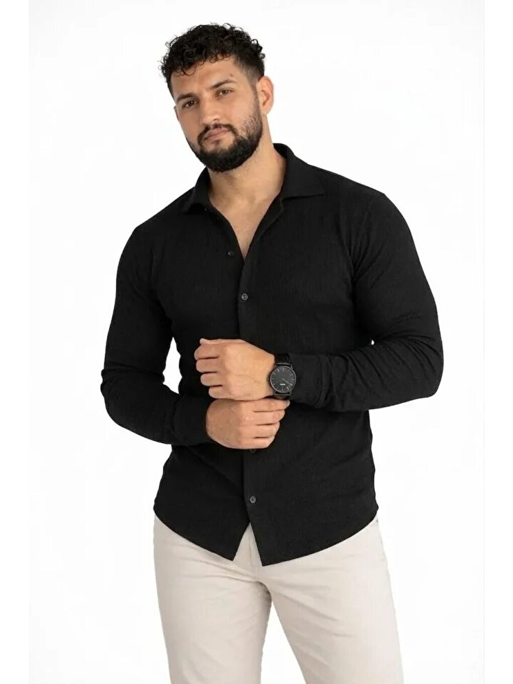 Siyah Erkek Waffle Kumaş Uzun Kollu Düğmeli Açık Yaka Regular Fit Gömlek-2