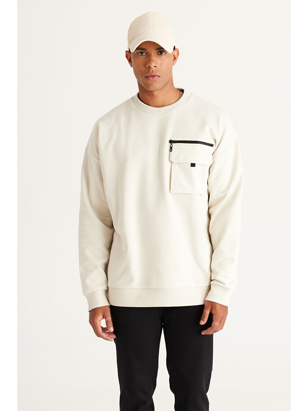 Erkek Bej Oversize Bol Kesim Bisiklet Yaka %100 Pamuk Sweatshirt