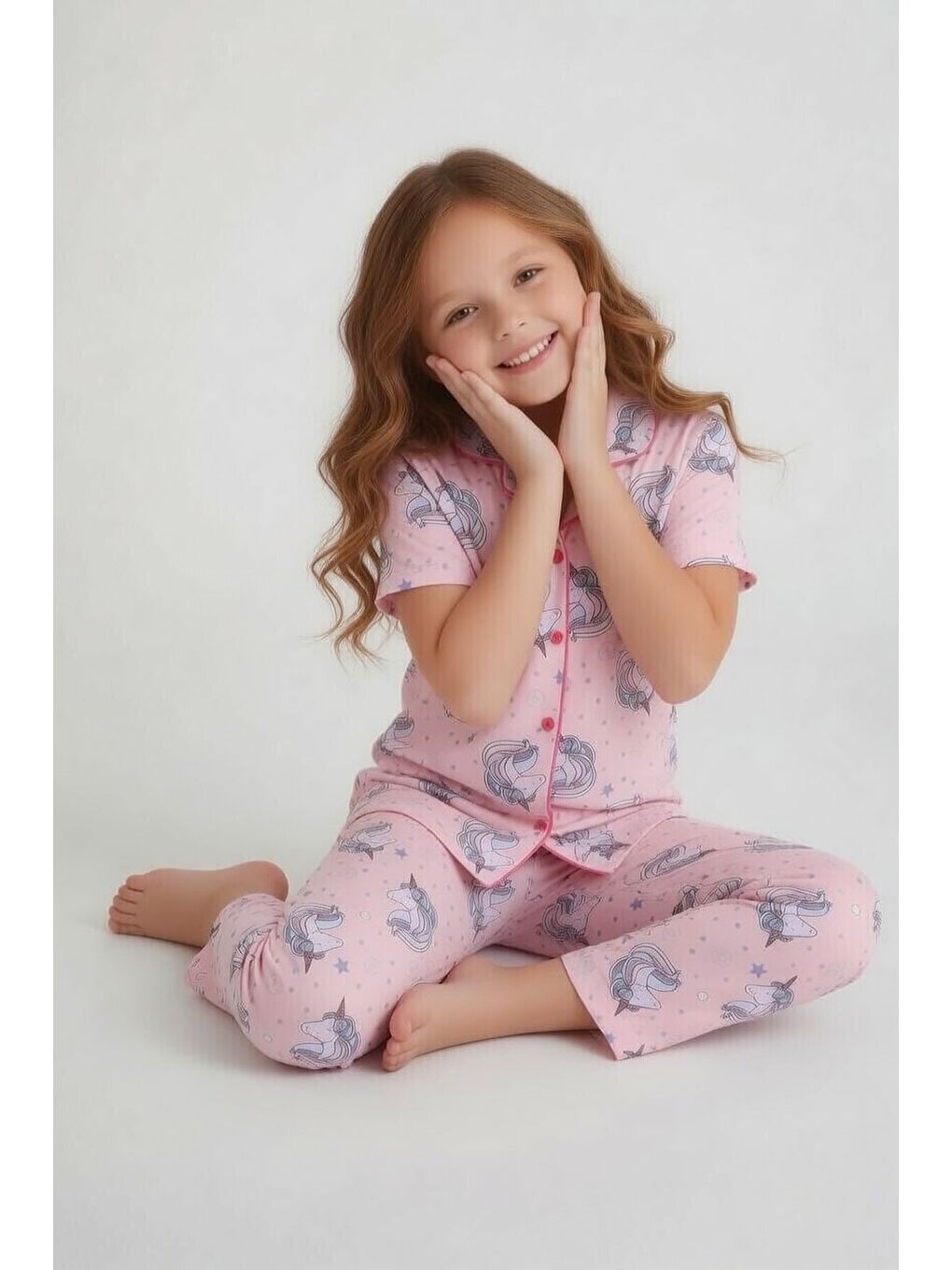 Pembe Desenli Kız Çocuk Göz Bantlı Pijama Takımı 24011-3