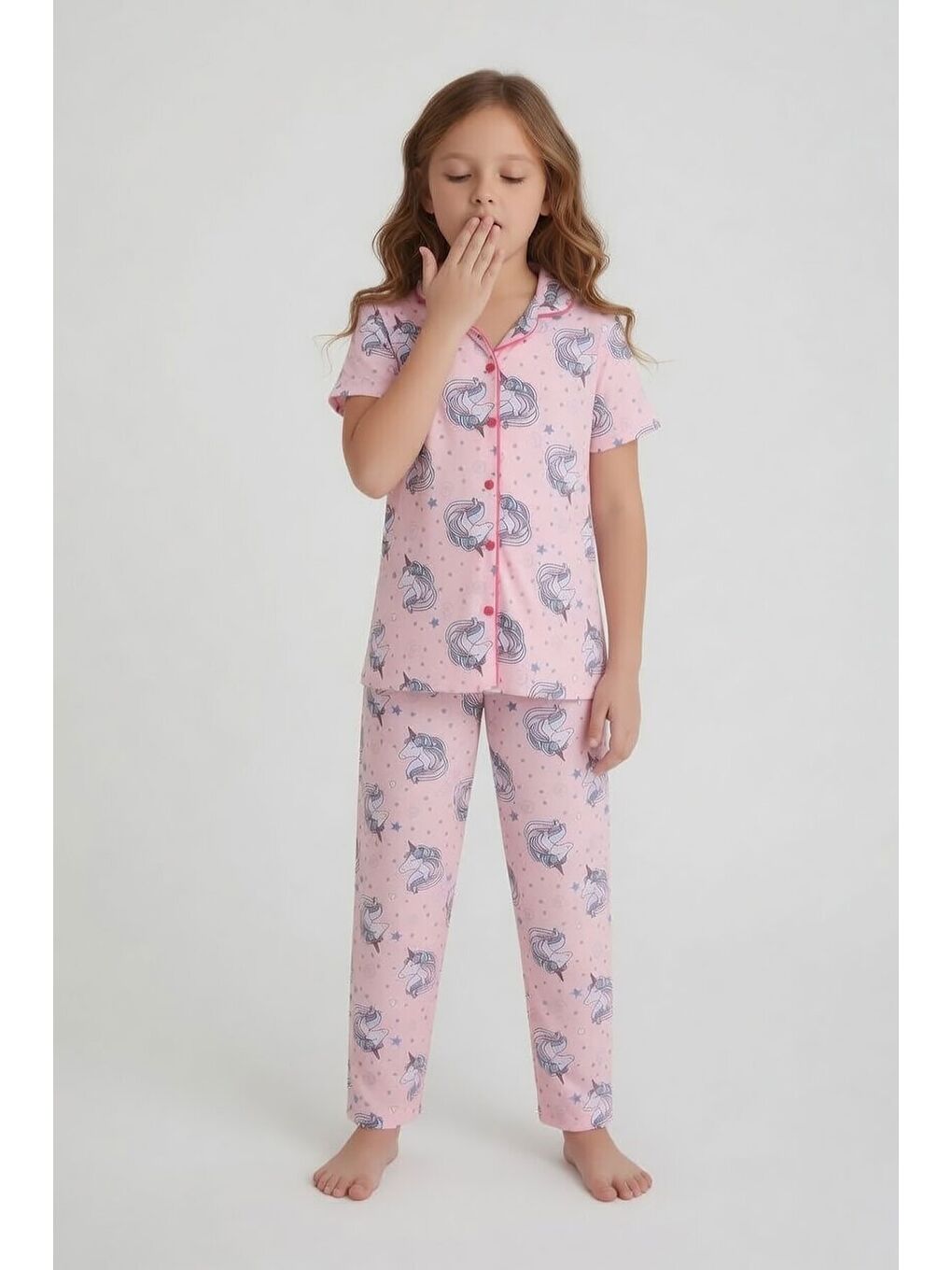 Pembe Desenli Kız Çocuk Göz Bantlı Pijama Takımı 24011-4