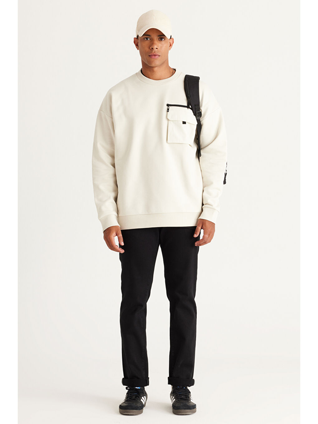 Erkek Bej Oversize Bol Kesim Bisiklet Yaka %100 Pamuk Sweatshirt-1