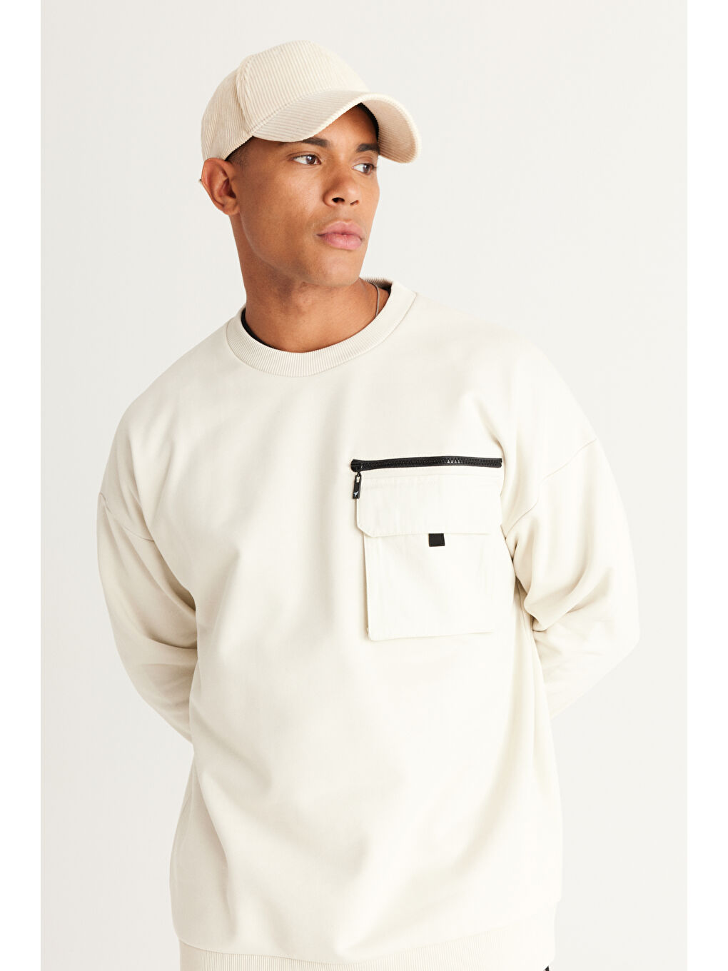 Erkek Bej Oversize Bol Kesim Bisiklet Yaka %100 Pamuk Sweatshirt-2