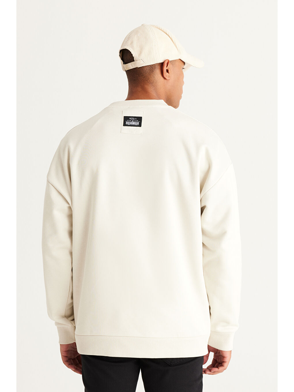 Erkek Bej Oversize Bol Kesim Bisiklet Yaka %100 Pamuk Sweatshirt-4