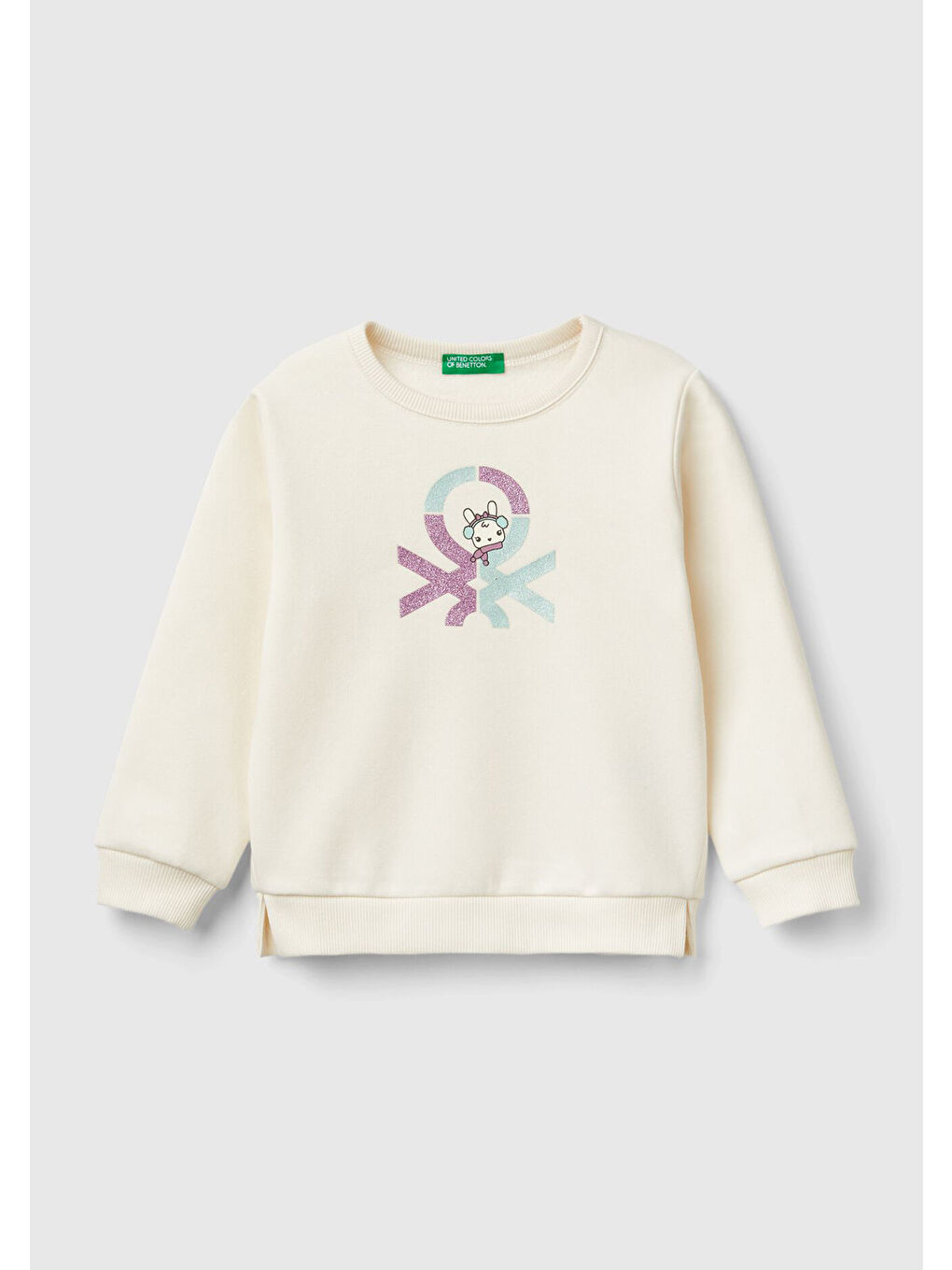 Kız Çocuk Ekru Önü Simli Logo Baskılı Etek Ucu Yırtmaçlı Regular Fit Sweatshirt