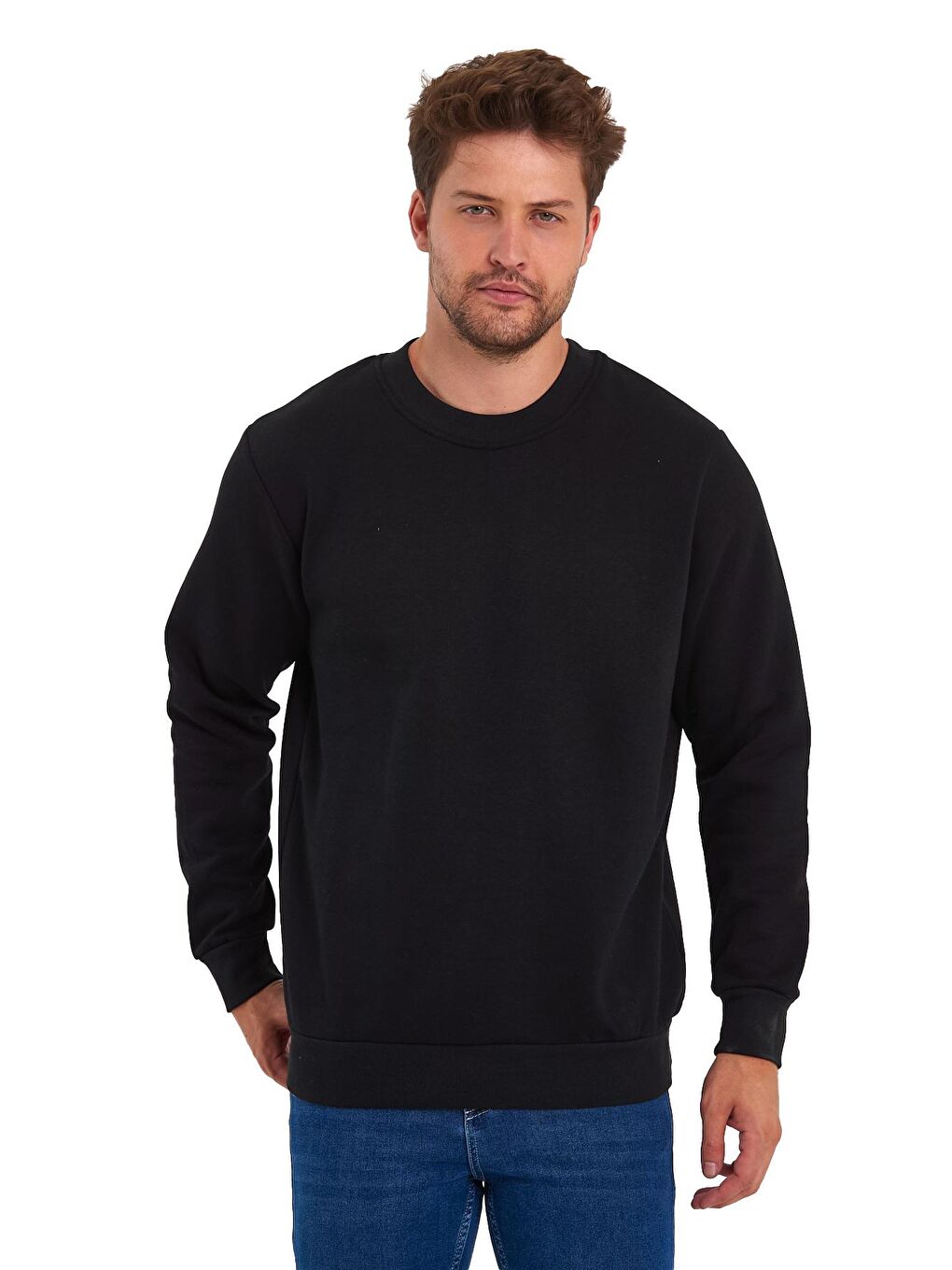 Siyah 3 İplik Şardonlu Bisiklet Yaka Erkek Sweatshirt