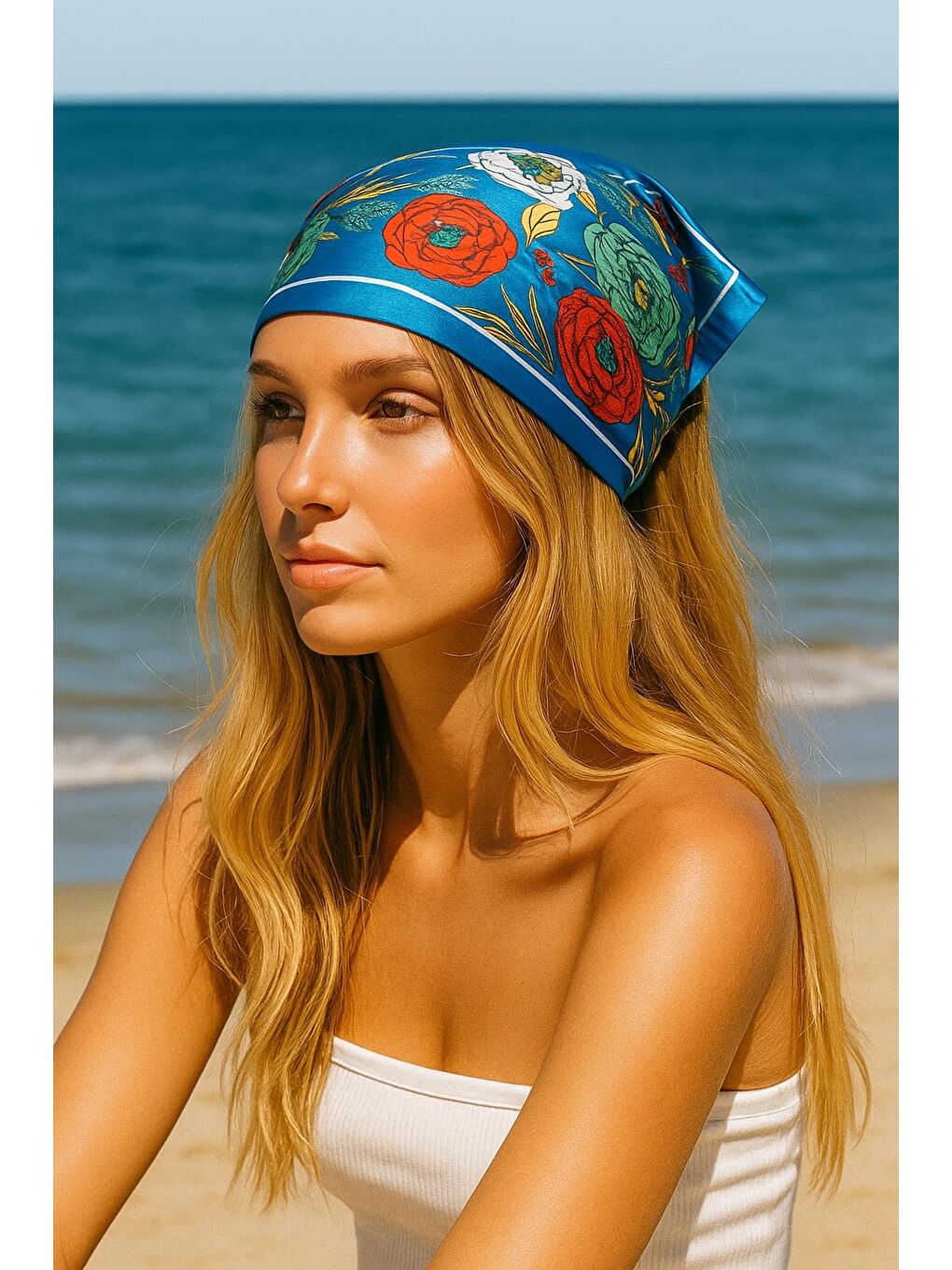 Mavi Etnik Desenli Saten Bandana Fular