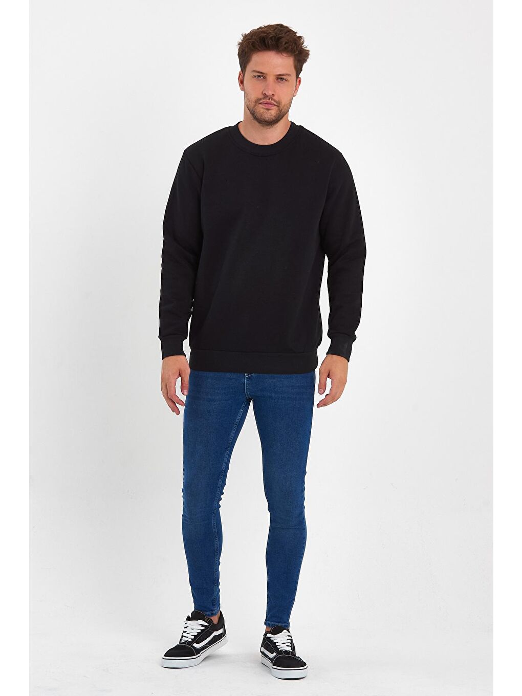 Siyah 3 İplik Şardonlu Bisiklet Yaka Erkek Sweatshirt-1