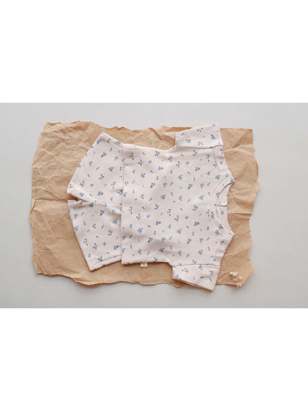 Ekru Mavi Çiçek Baskılı Waffle Şort Takım-5