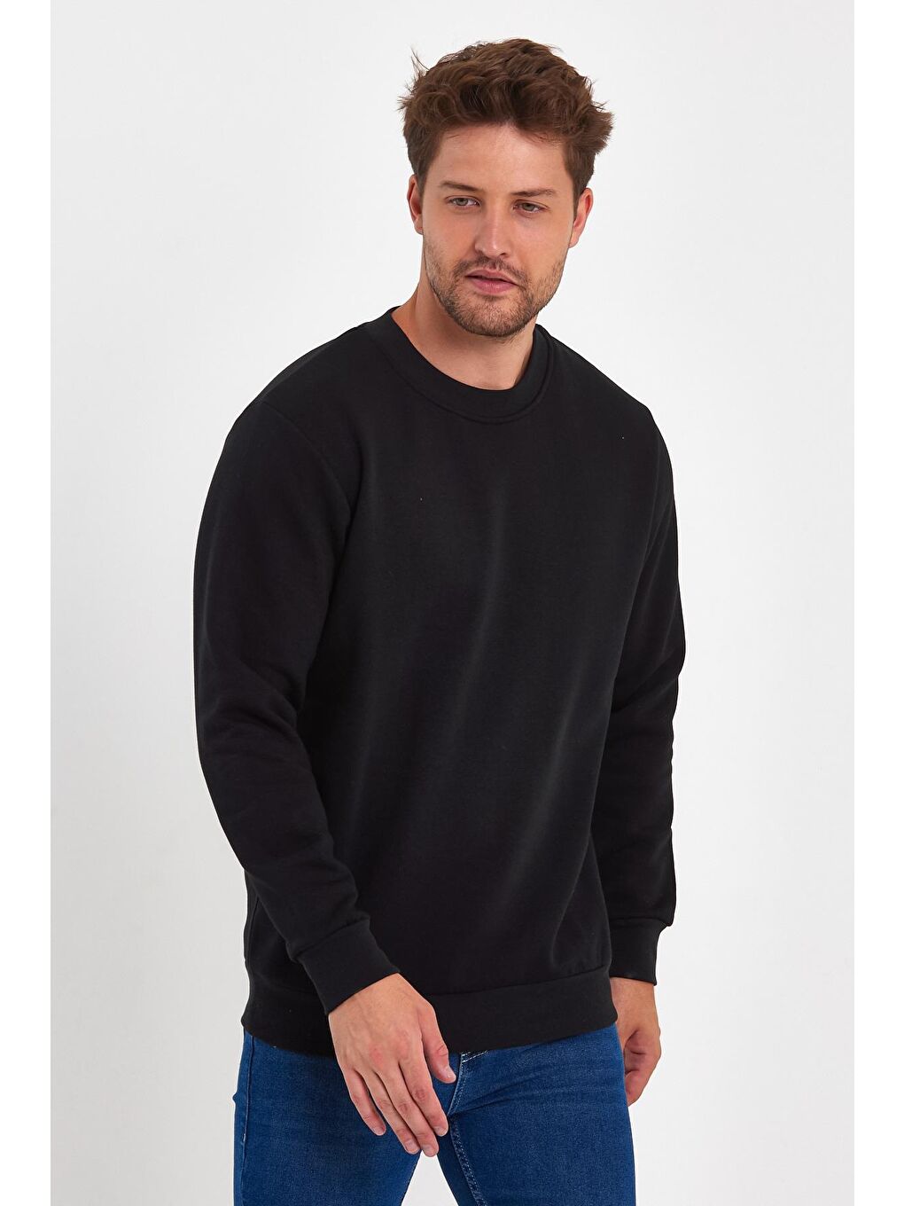 Siyah 3 İplik Şardonlu Bisiklet Yaka Erkek Sweatshirt-2