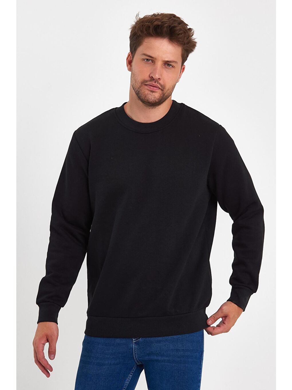 Siyah 3 İplik Şardonlu Bisiklet Yaka Erkek Sweatshirt-3